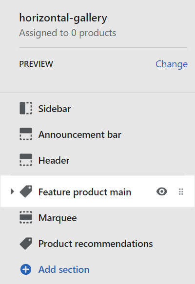 The feature product main section selected in Theme editor.