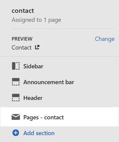 The contact page section menu in theme editor