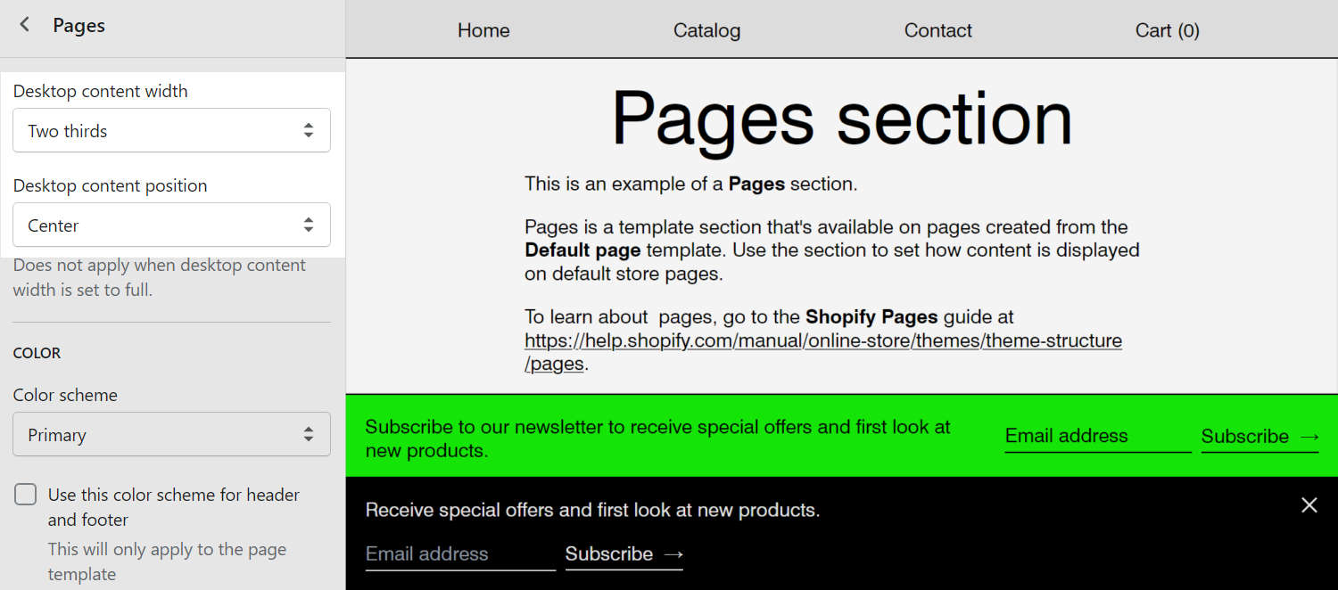 The pages section on an example store's default page.