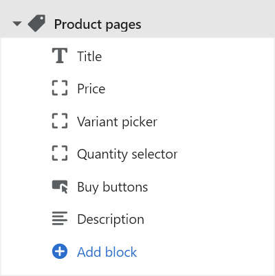 The block options for the product pages section in theme editor