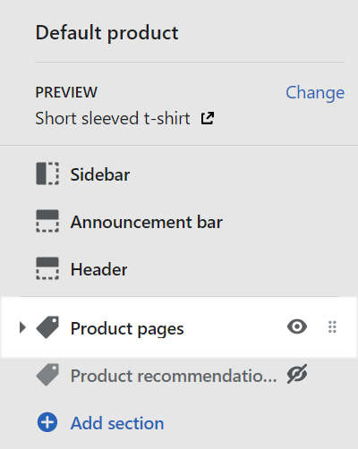 The product pages section menu in theme editor