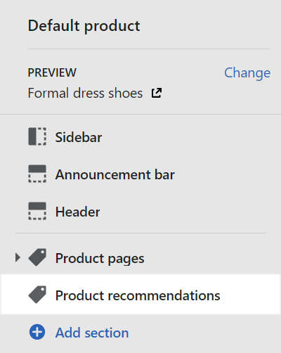 The product recommendations section menu in theme editor