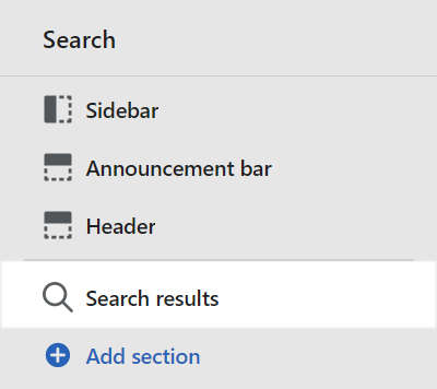 The search results section menu in theme editor