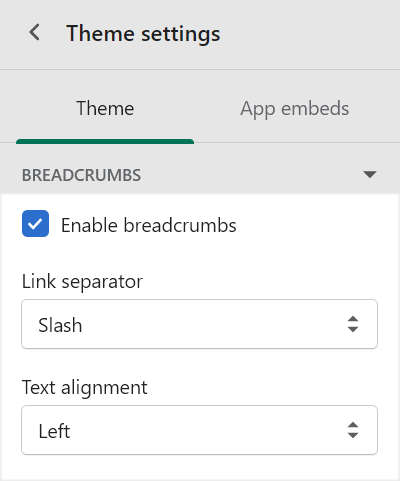 The breadcrumb setting controls in theme settings