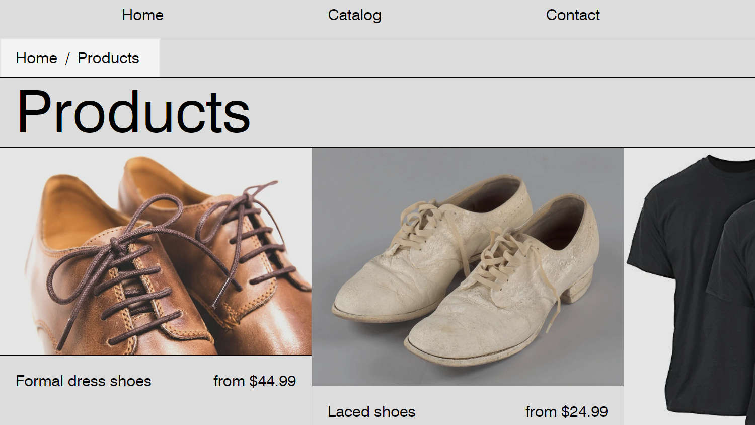 An example products page with Baseline's breadcrumbs feature enabled