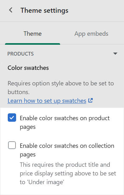 The product color swatches setting controls in theme settings