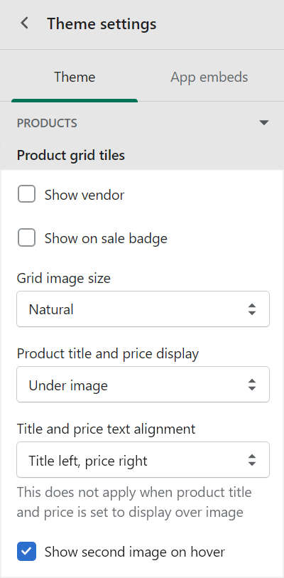 The product grid tiles setting controls in theme settings
