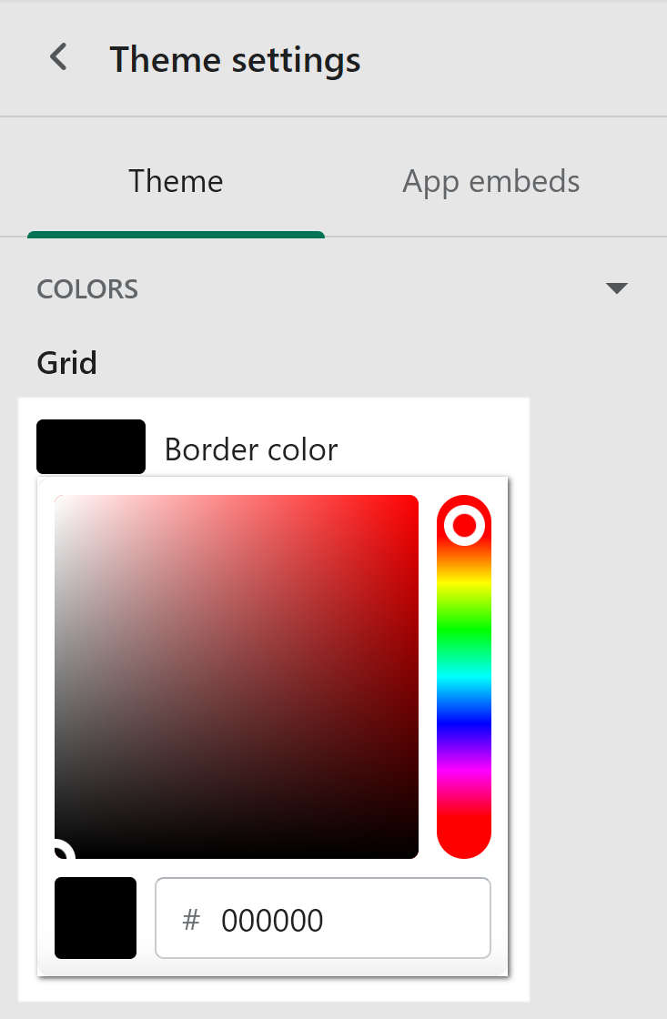 The color picker and text input field for adjusting the grid border color setting