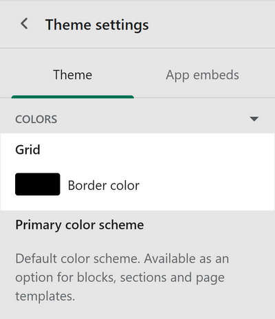 The expanded Colors menu section in theme settings with the Grid Border Color setting selected