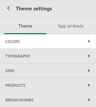 The theme settings menu with the Colors menu section selected