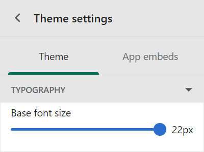 The base font slider in the typography section of the theme settings menu