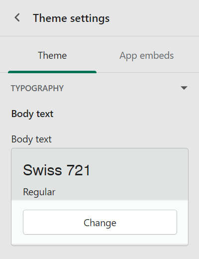 The body text font picker in the typography section of the theme settings menu