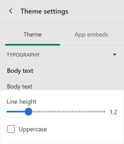 The body text style controls in the typography section of the theme settings menu
