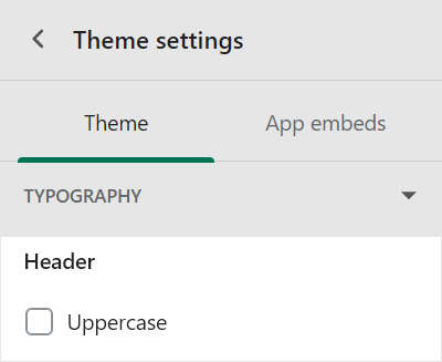 The header uppercase checkbox in the typography section of the theme settings menu
