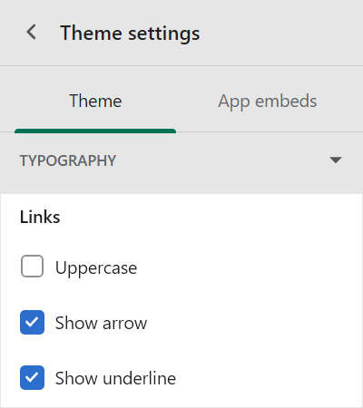 The links button checkboxes in the typography section of the theme settings menu