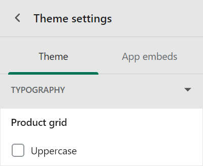 The product grid uppercase checkbox in the typography section of the theme settings menu