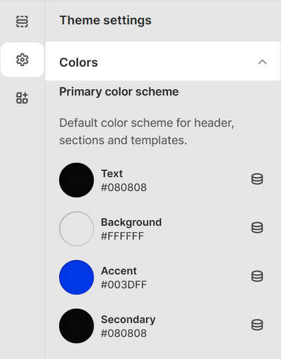 The color settings menu in the Theme settings pane.