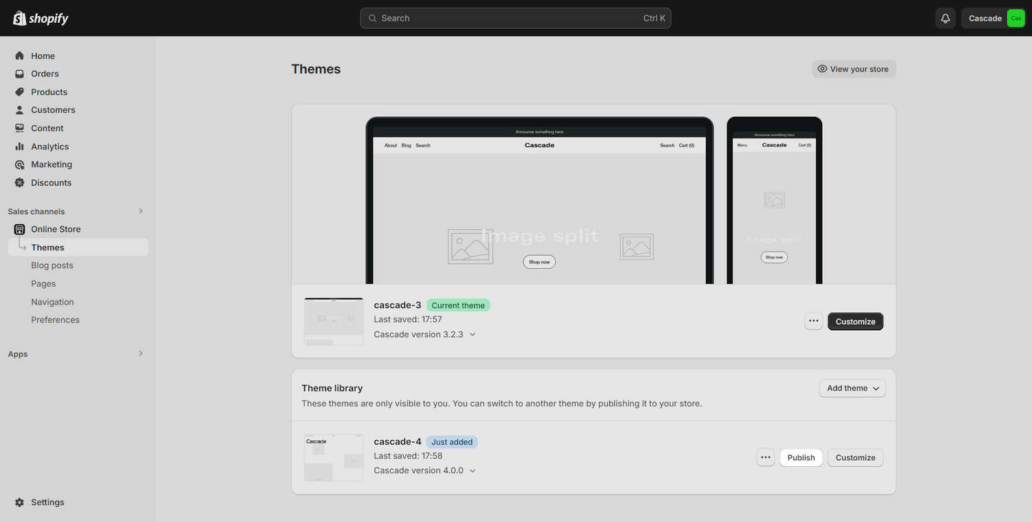 The publish theme option selected in Shopify admin.