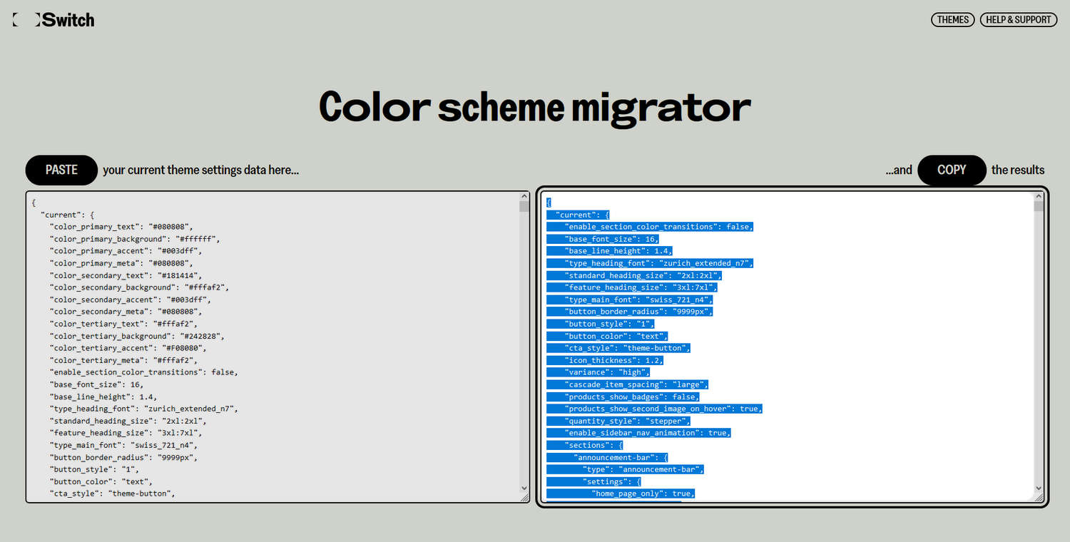 The Color scheme migrator web page with the Copy option selected.