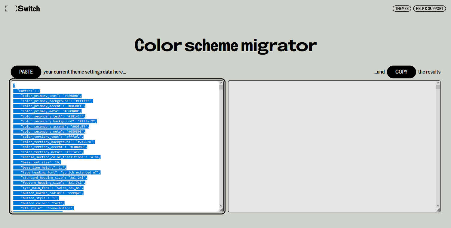 The Color scheme migrator web page with the Paste option selected.