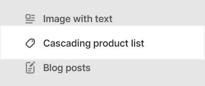 A Cascading product list section selected in Theme editor.