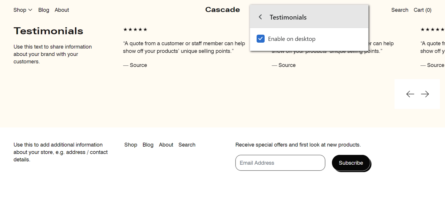 An example Testimonials section on a store's homepage.
