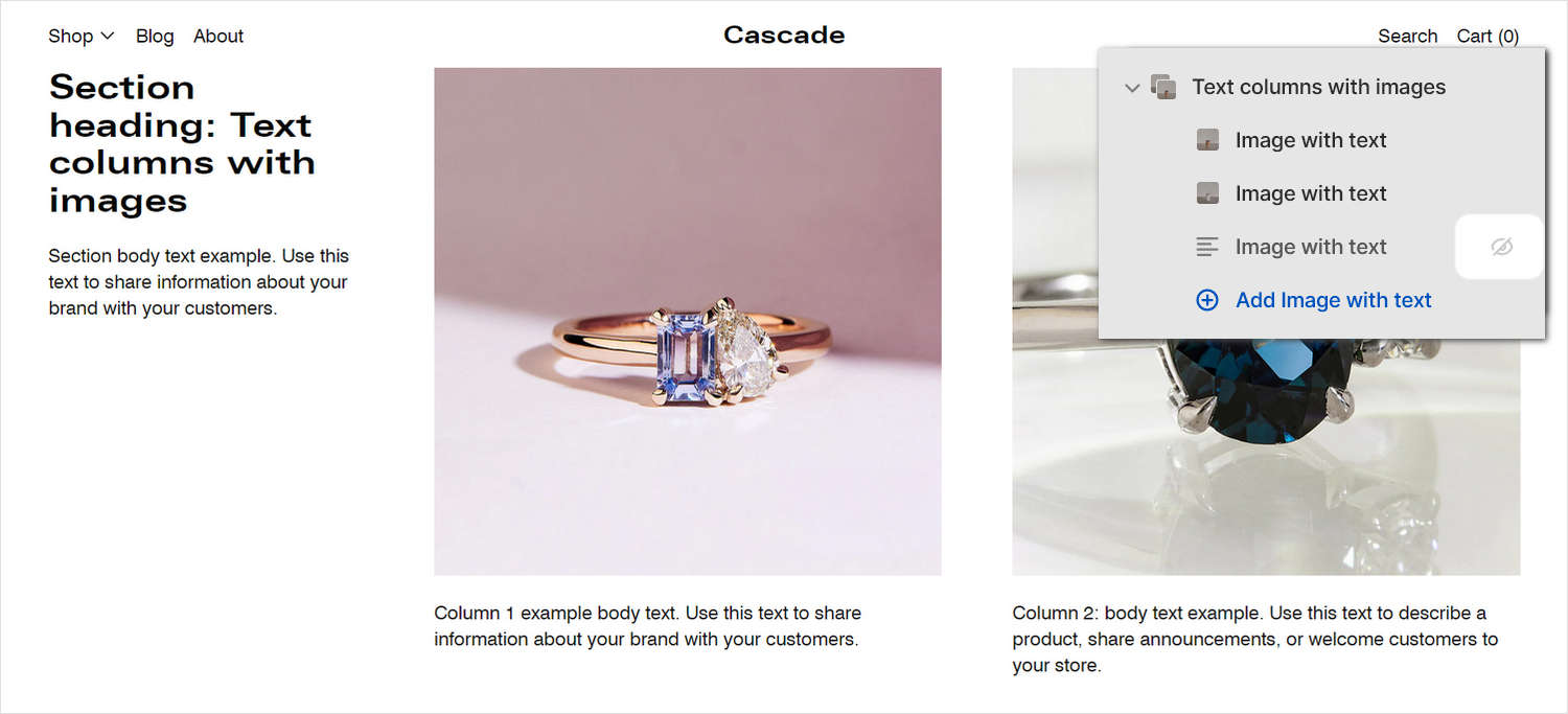 An example Text columns with images section on a store's homepage.