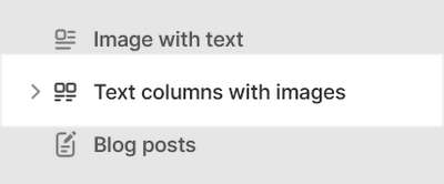 The Text columns with images section selected in Theme editor.
