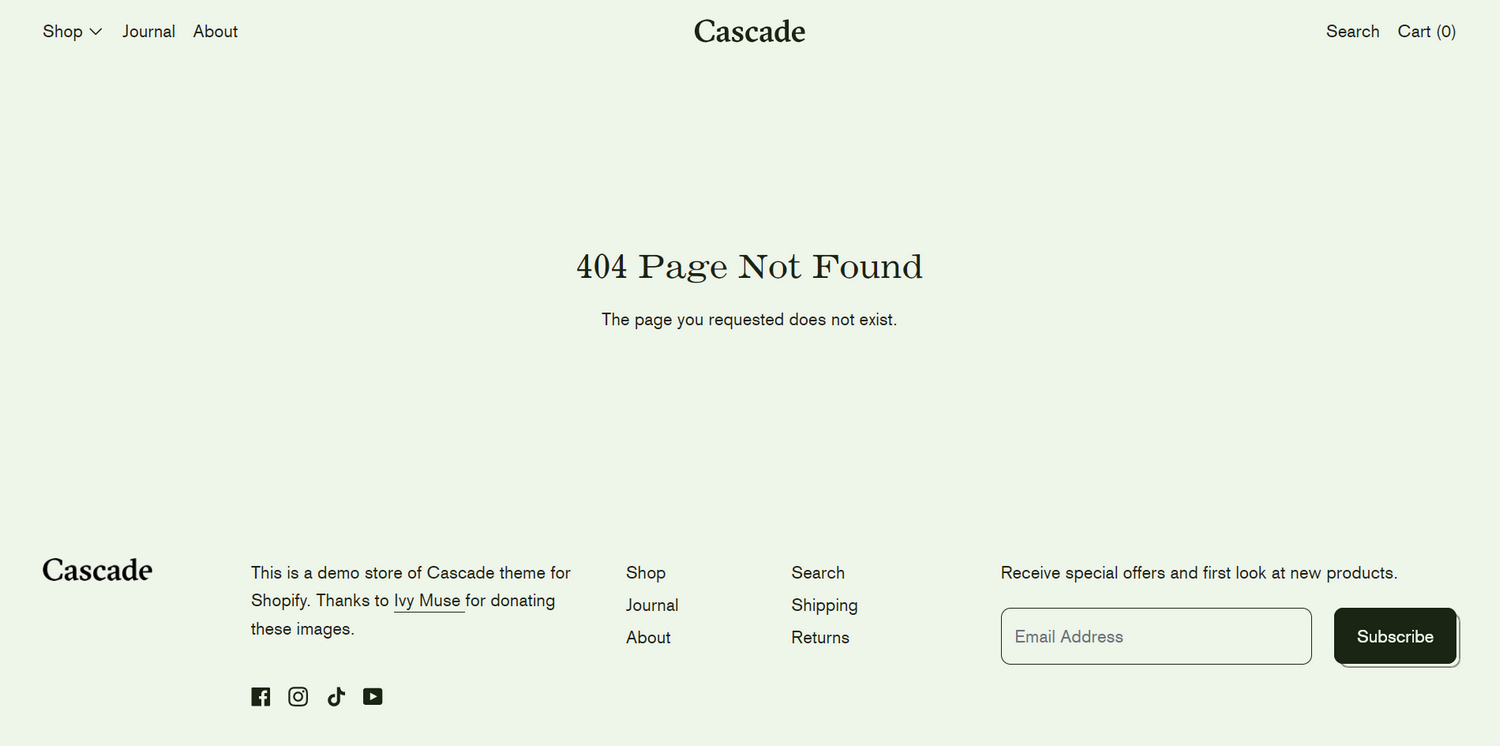 An example main 404 section on a store's 404 page.