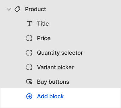 The Product - classic section's Add block menu in Theme editor.