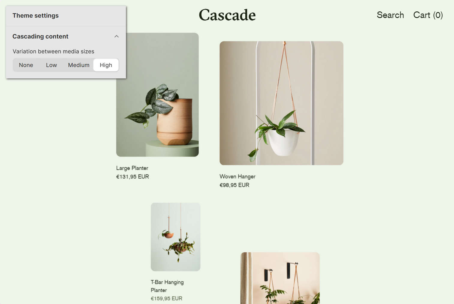 An example store's Collection with the Theme settings's Cascading content menu.