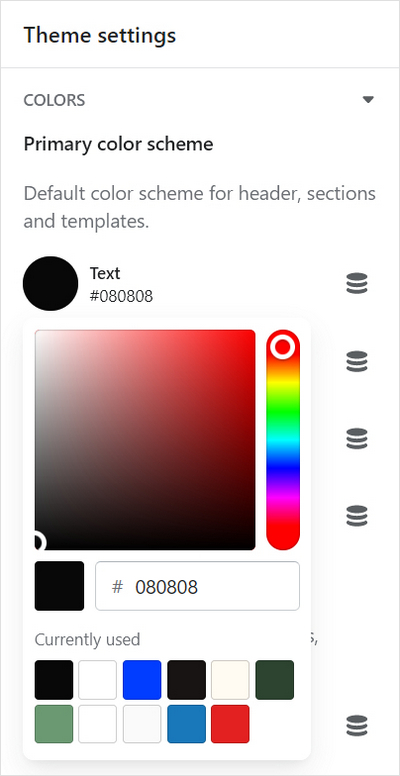 The Primary color scheme's text color options, inside Theme setting's Colors menu, in Theme editor.
