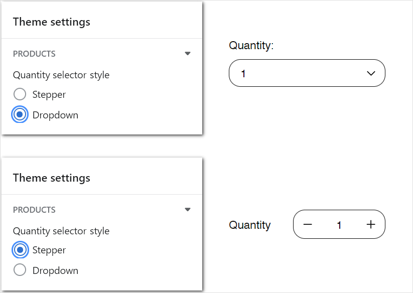 Two example product quantity selectors on a store's product page, with the Theme settings Products menu in Theme editor.