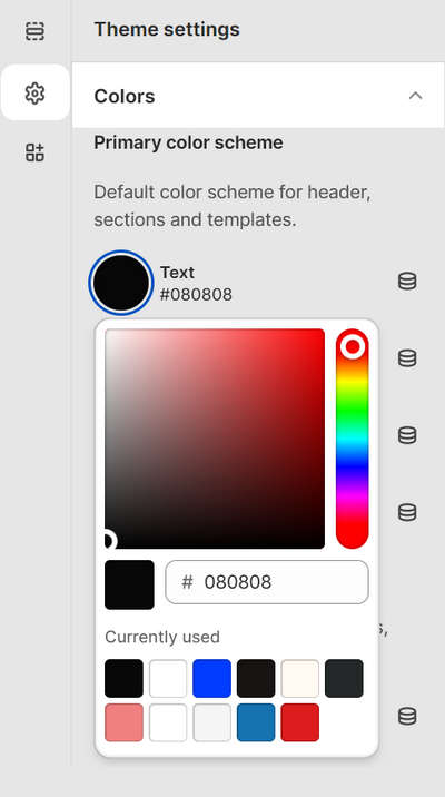 The controls for adjusting the Primary color scheme's colors in Theme settings.