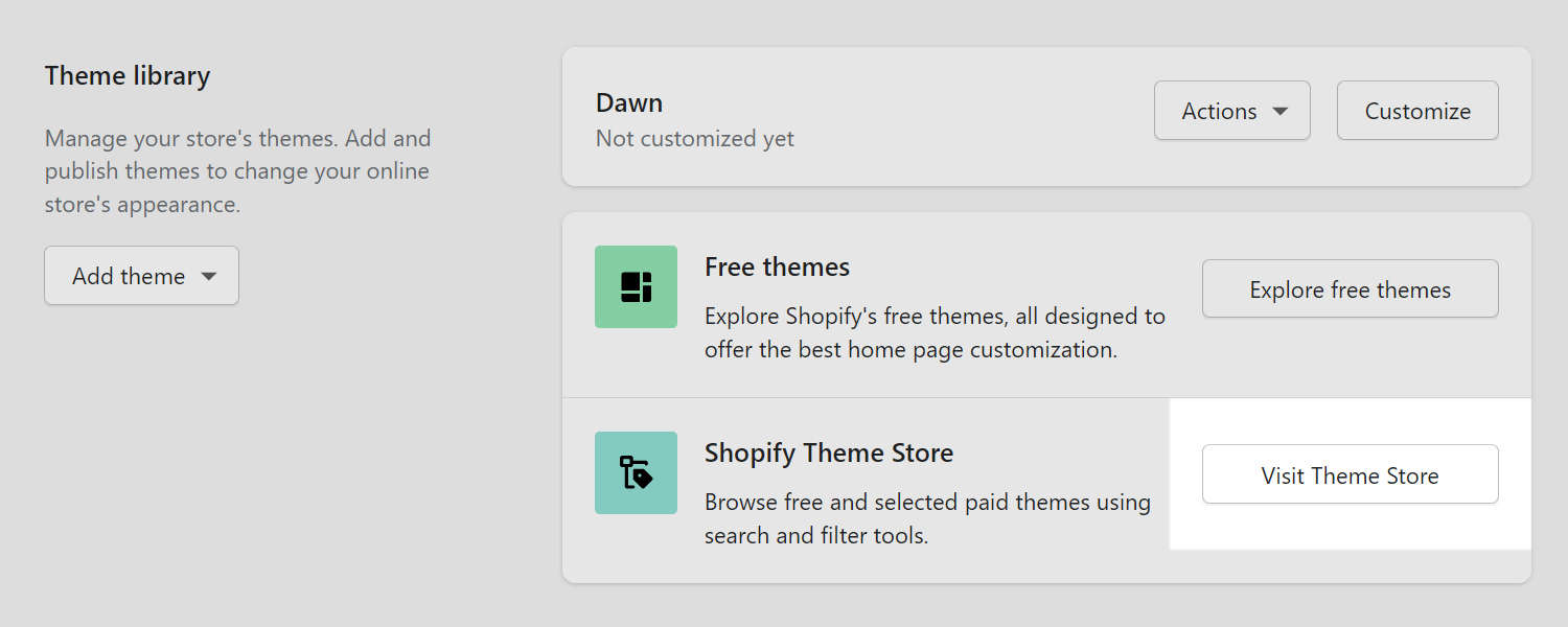The theme library page in Shopify admin.