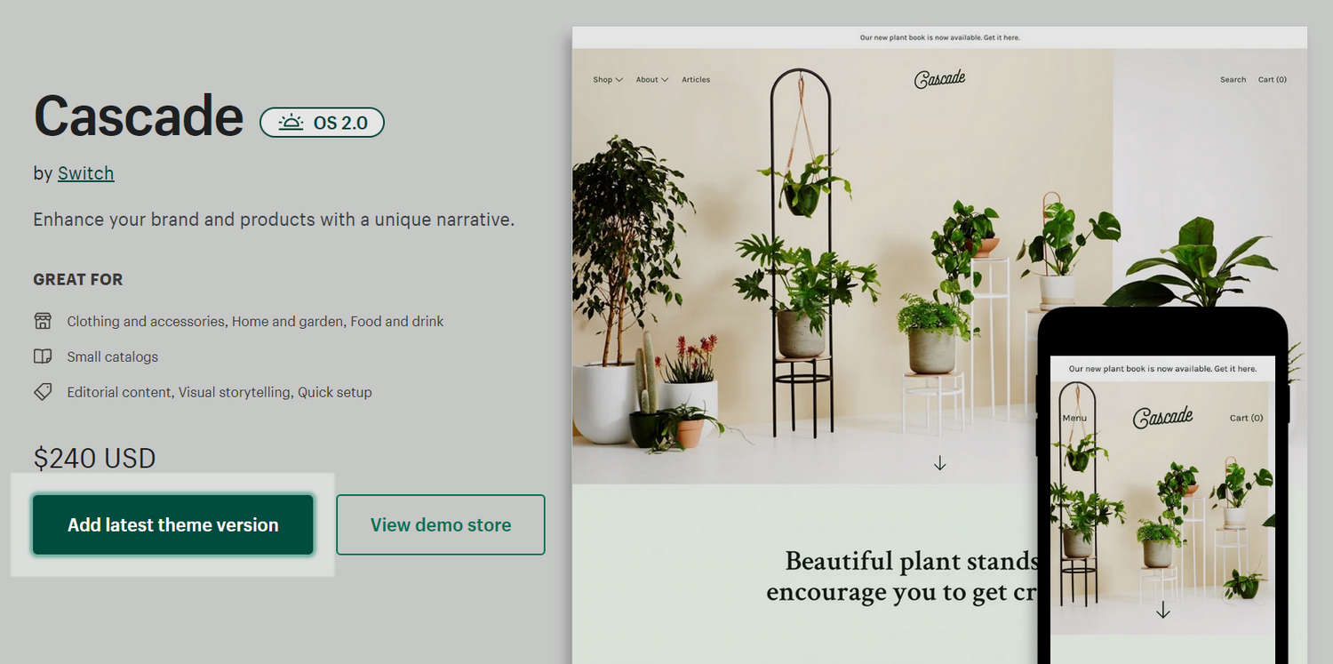 Cascade theme on the Shopify Theme Store with a button to Add latest theme version.