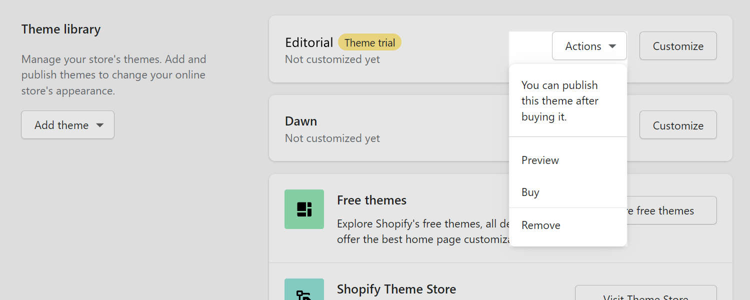 The Shopify theme actions dropdown