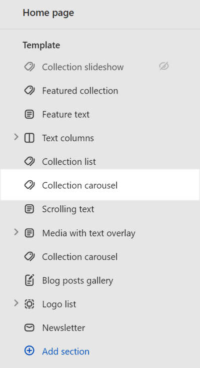 The Collection carousel section selected in Theme editor.