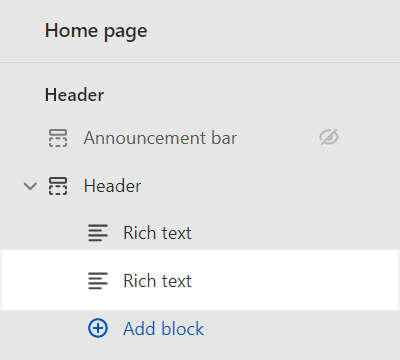 A second Rich text block added to the Header section in Theme editor.
