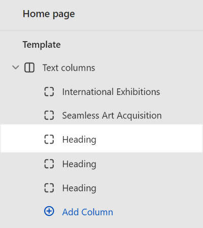 The third Column block selected in the Text columns section in Theme editor.