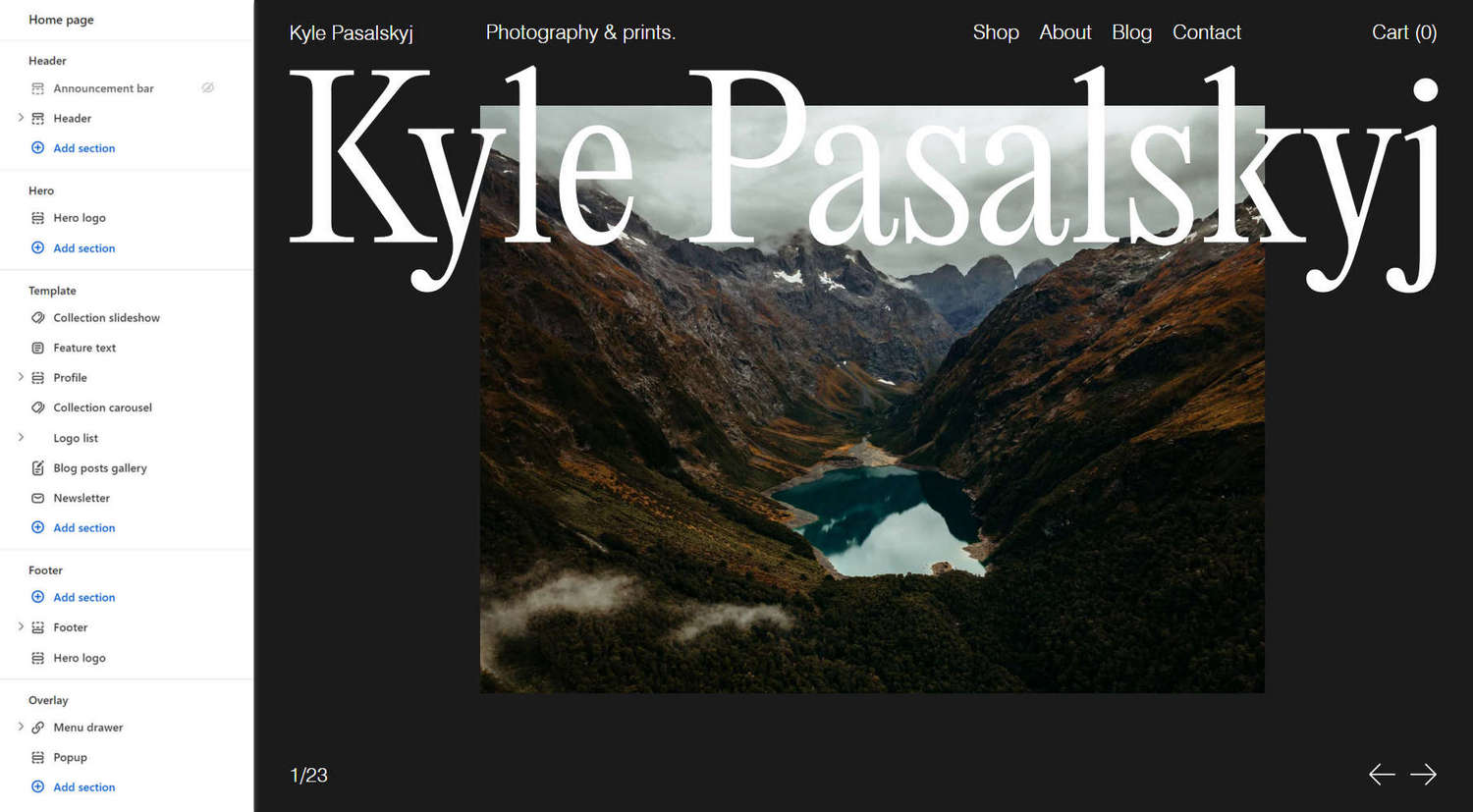 Example Homepage that displays Exhibit's Photography preset Theme style with Theme editor's home page sections menu.