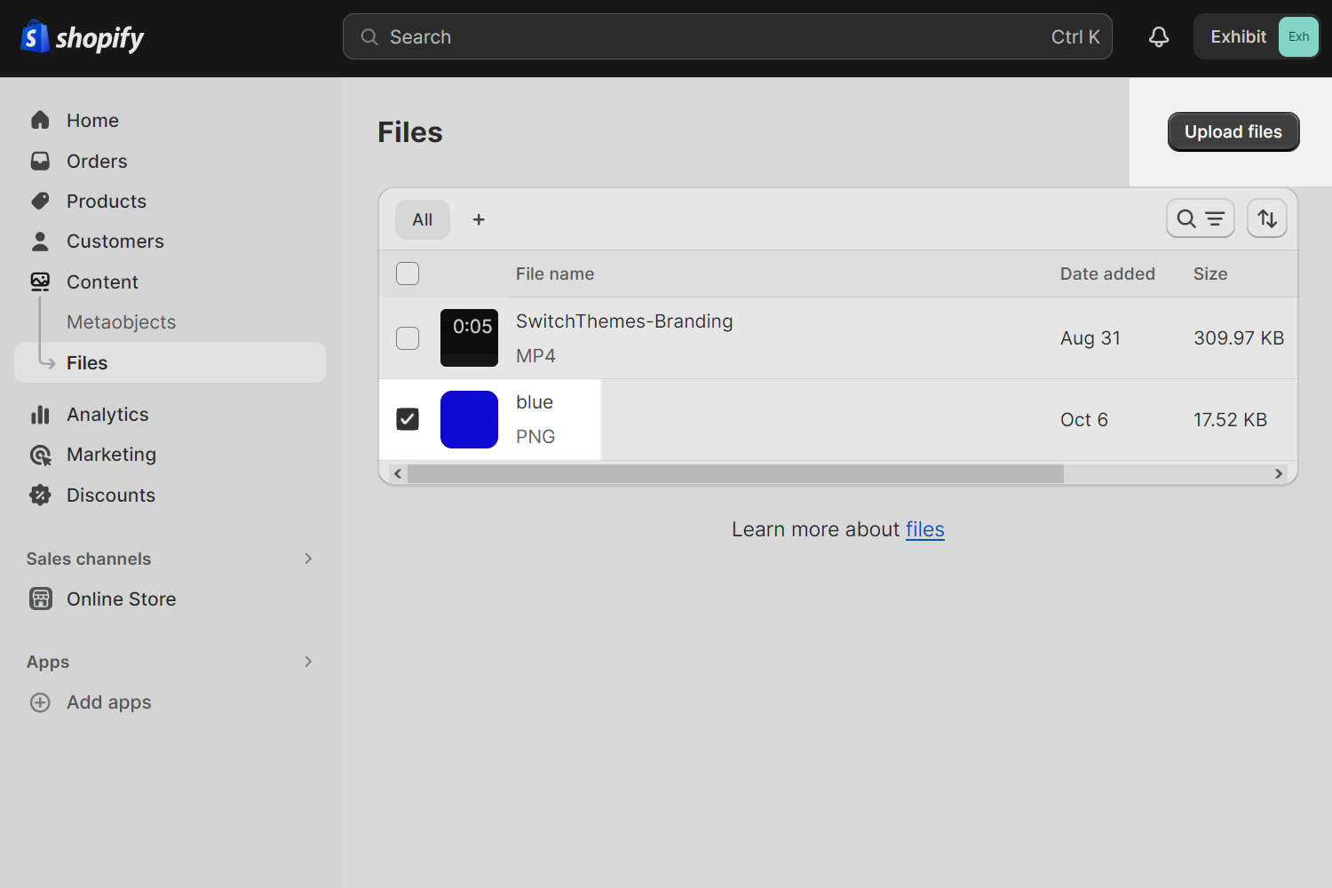 A png file uploaded and selected in the Files menu in Shopify Admin.