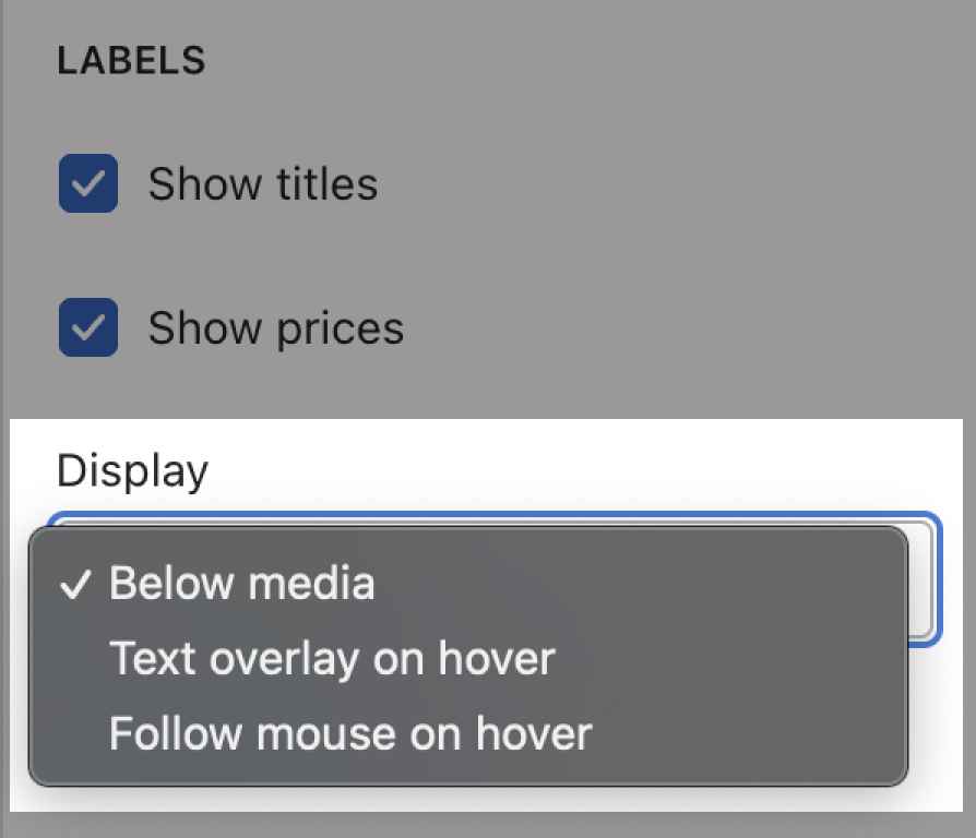 The overlay labels dropdown options in Theme editor.