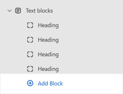 The Text blocks section's Add block menu in Theme editor.