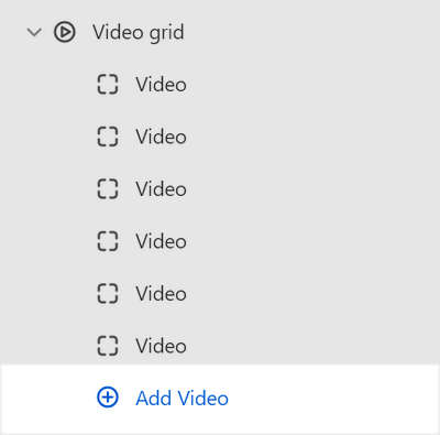The Video grid section's Add block menu in Theme editor.