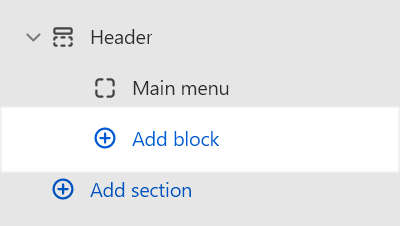 The Header's Add block menu in Theme editor.