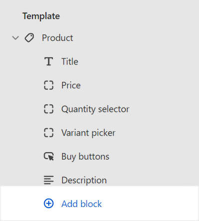 The Add block menu in Theme editor for the Product - quick view section.