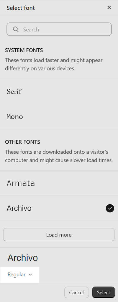 The font picker's font styles dropdown in Theme setting's Typography menu.