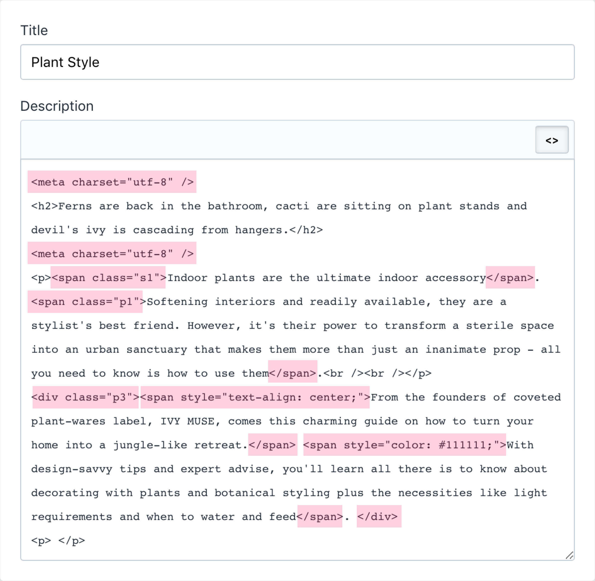 Example text open in the product description editor as HTML.