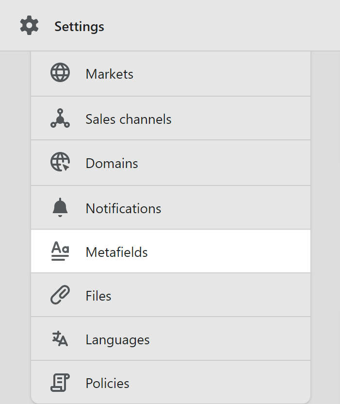 The metafield settings menu in shopify admin.